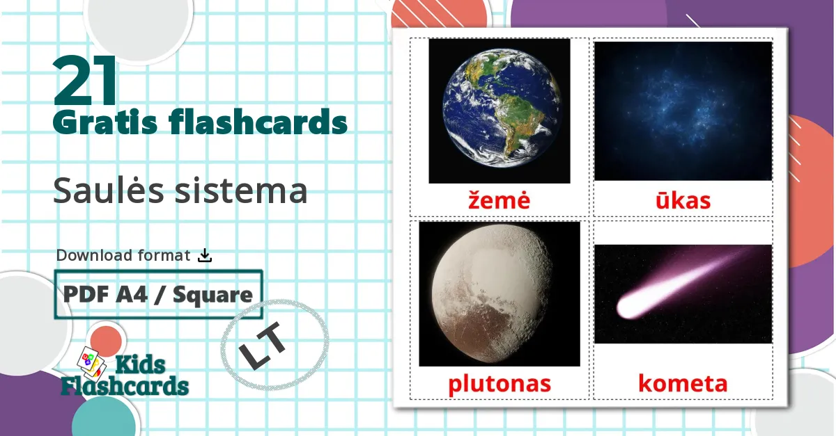 21 Saulės sistema billedkort for børn