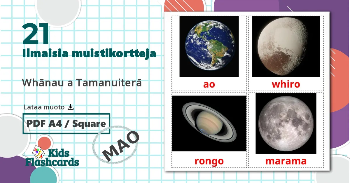 21 Whānau a Tamanuiterā  lasten kuvakortit