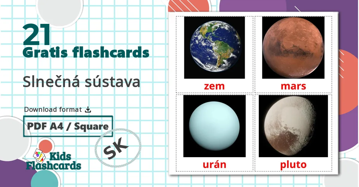 21 Slnečná sústava billedkort for børn