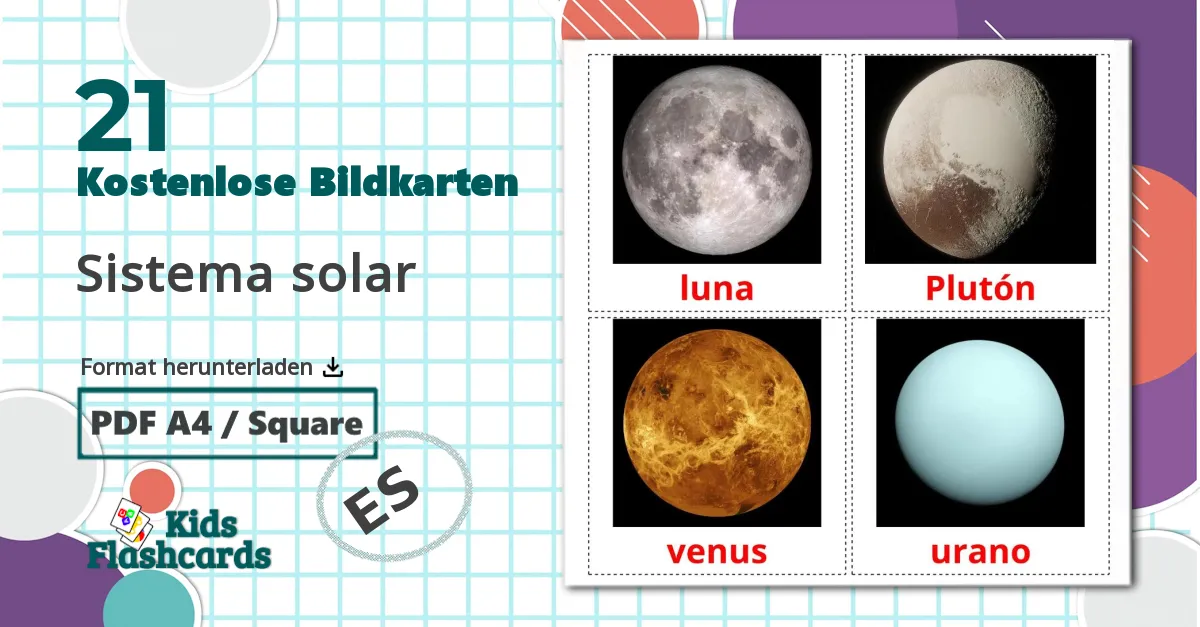 21 Bildkarten für Sistema solar