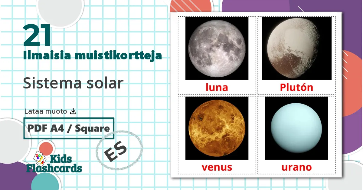 21 Sistema solar lasten kuvakortit