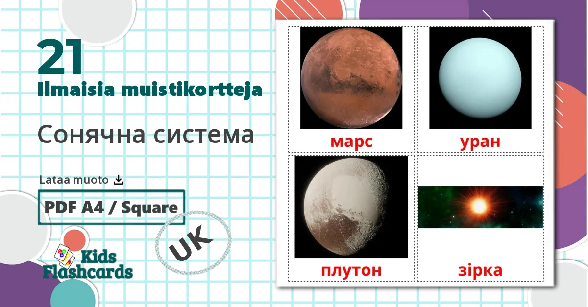 21 Сонячна система lasten kuvakortit