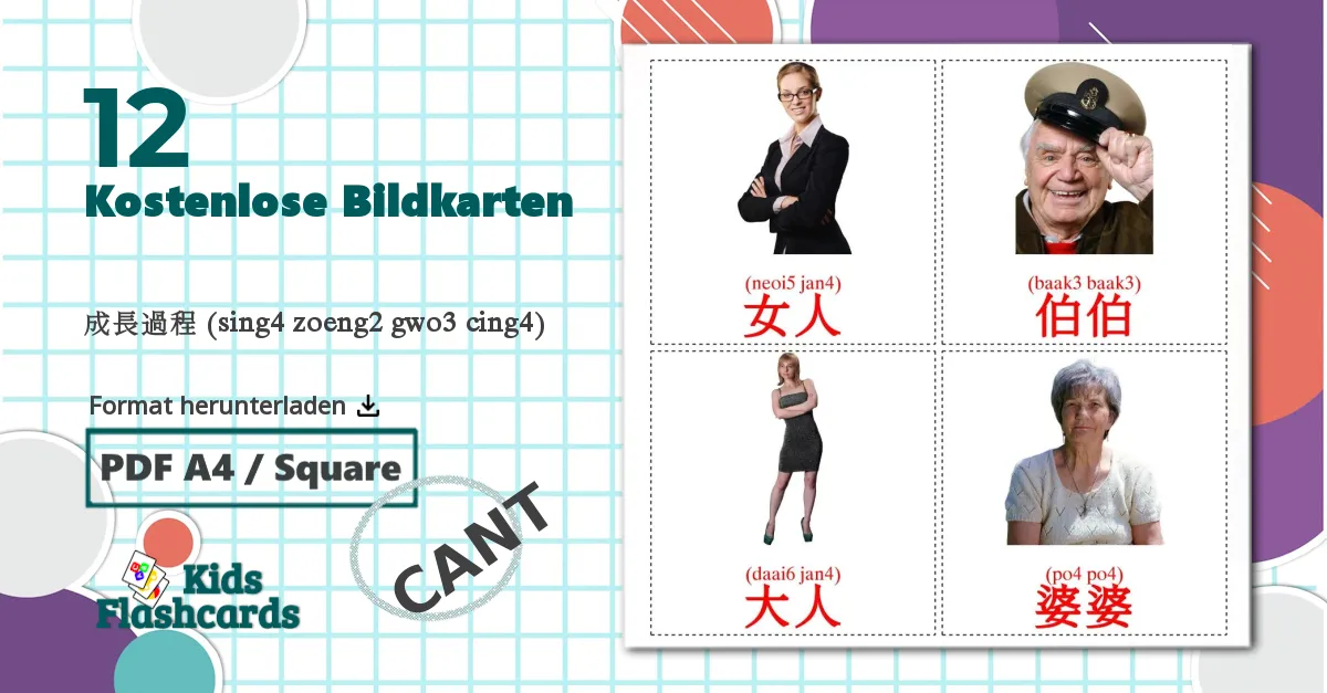 12 Bildkarten für 成長過程 (sing4 zoeng2 gwo3 cing4)