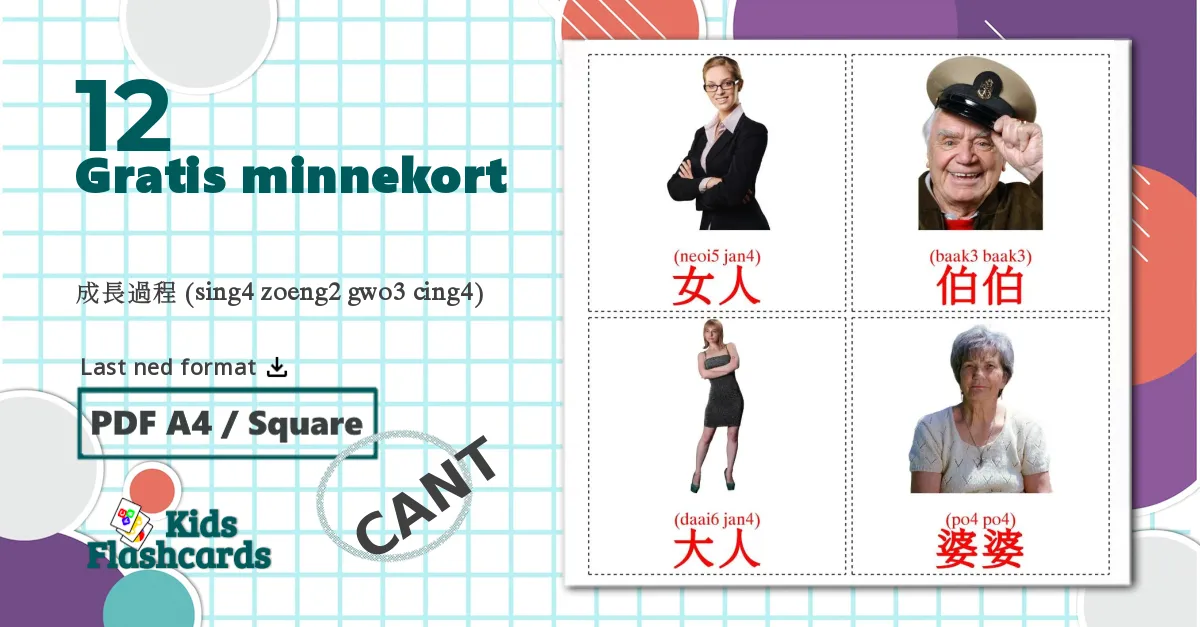 12 成長過程 (sing4 zoeng2 gwo3 cing4) bildekort