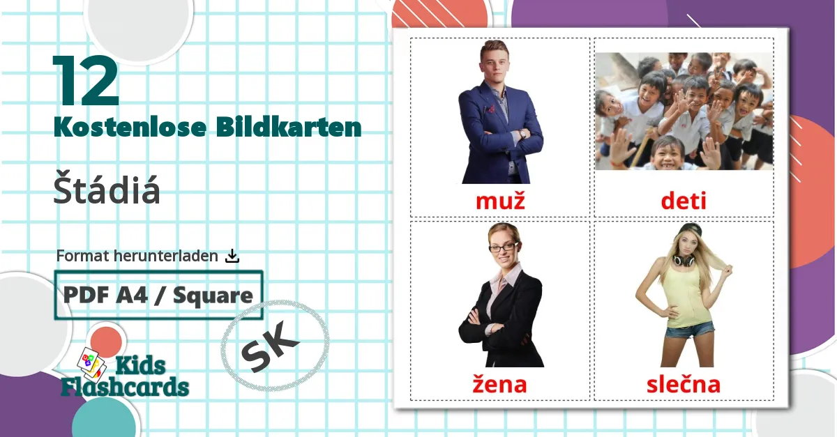 12 Bildkarten für Štádiá