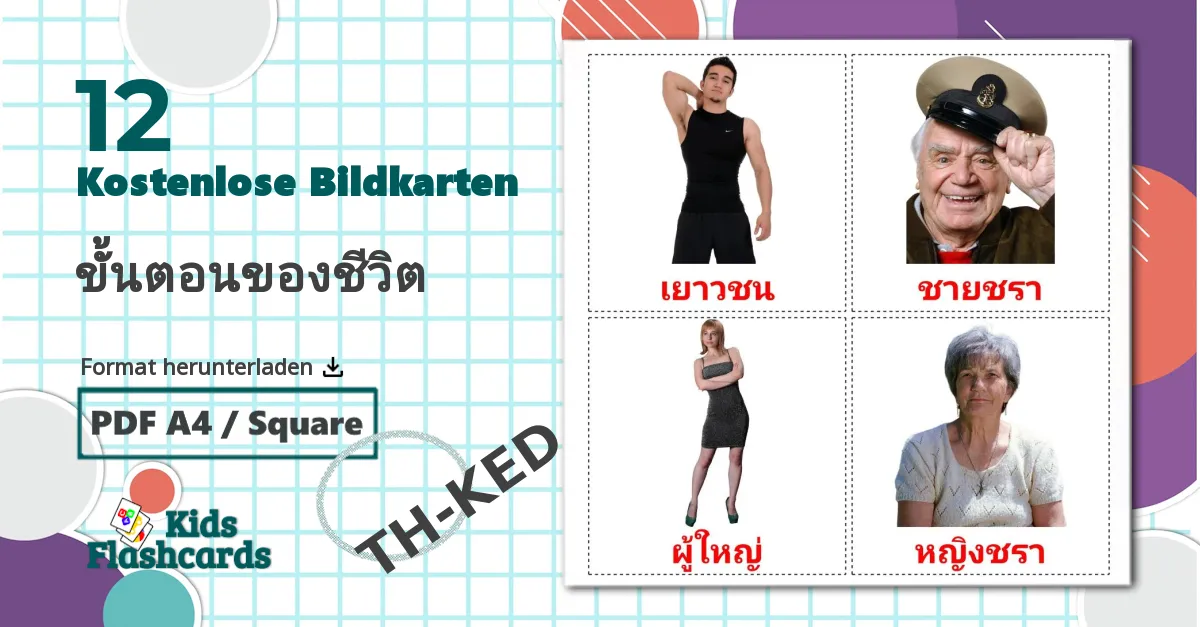 12 Bildkarten für ขั้นตอนของชีวิต