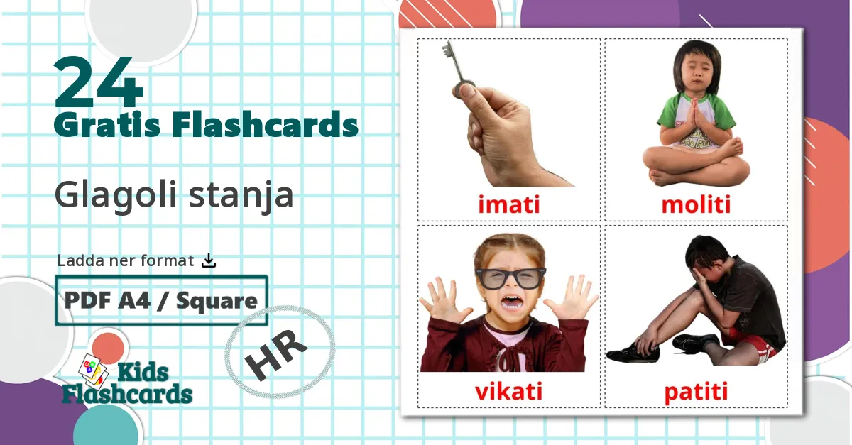 24 Glagoli stanja bildkort för barn