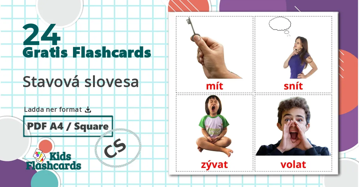 24 Stavová slovesa bildkort för barn