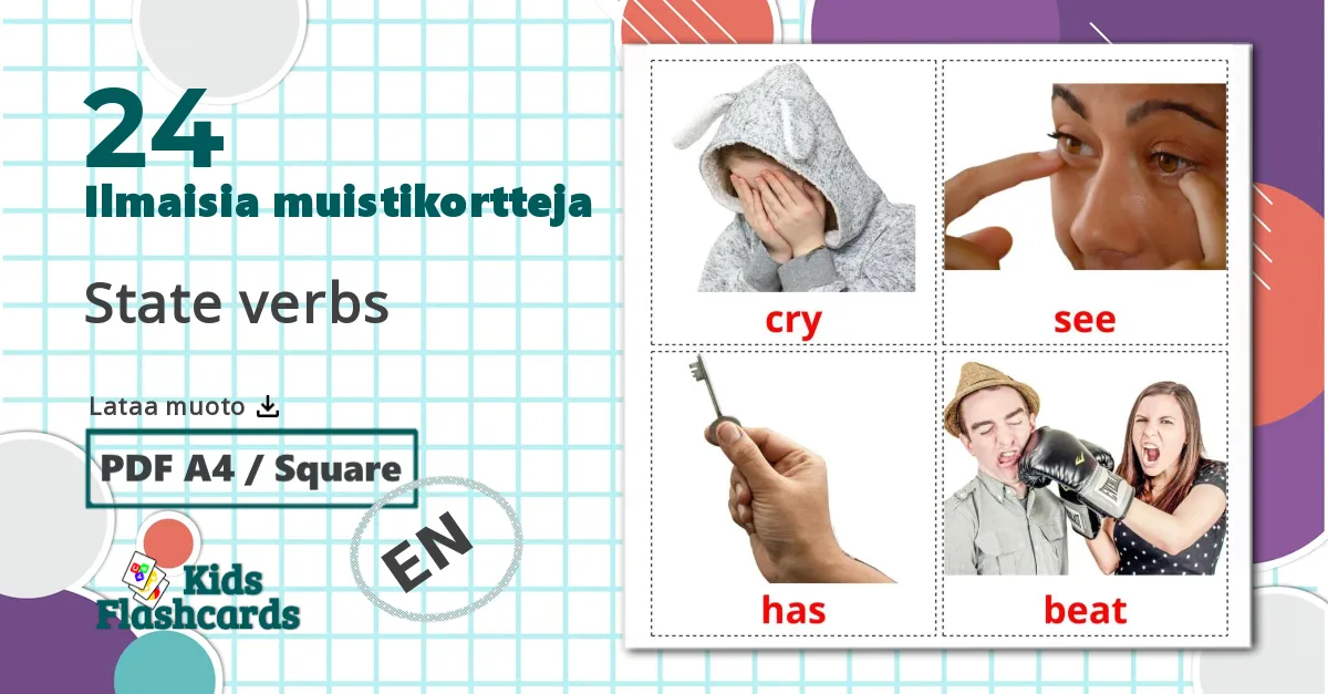 24 State verbs lasten kuvakortit