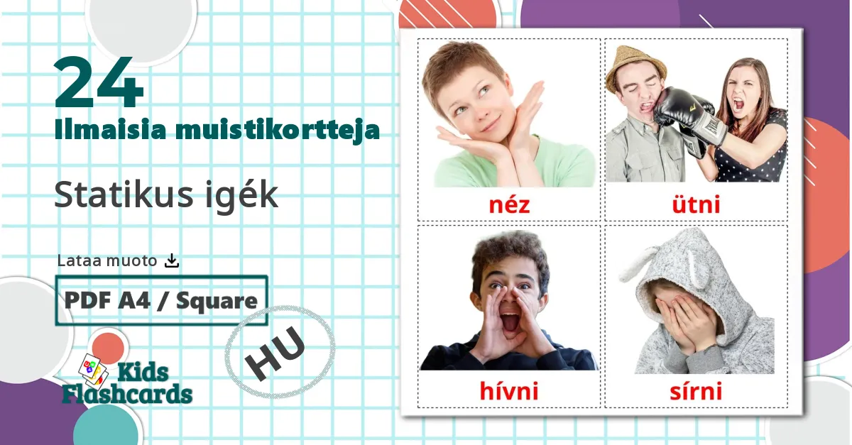 24 Statikus igék lasten kuvakortit