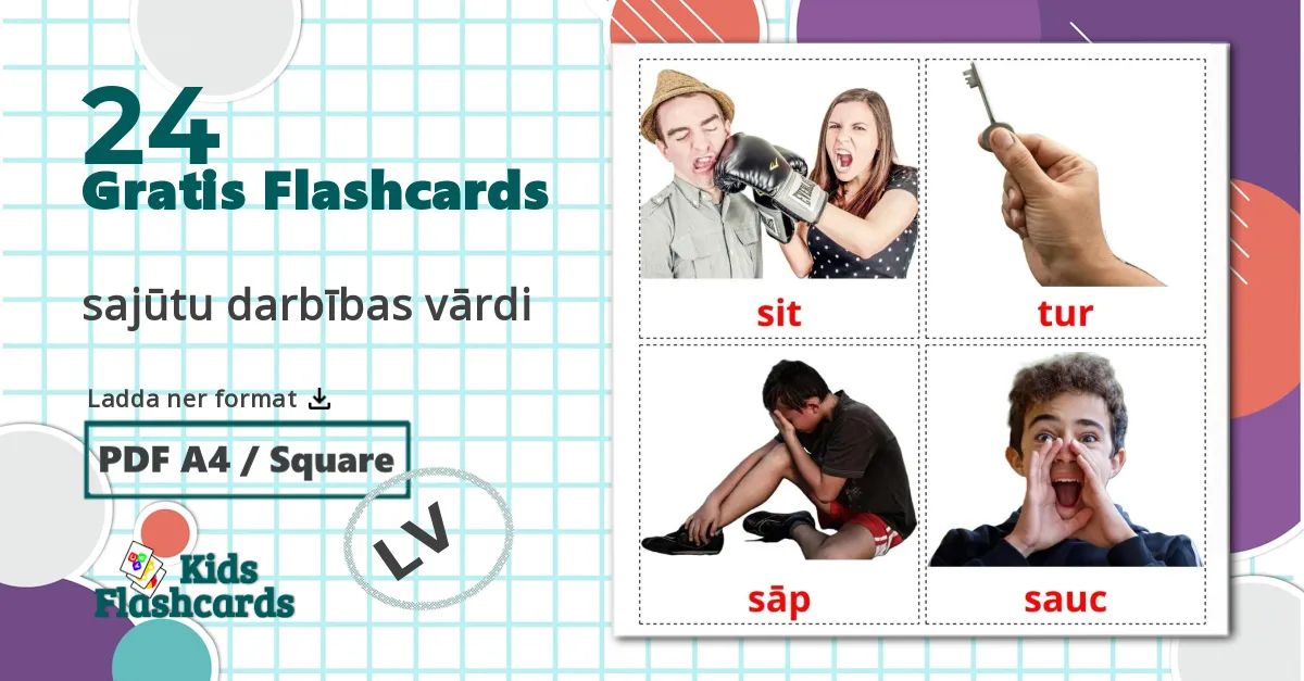24 sajūtu darbības vārdi bildkort för barn