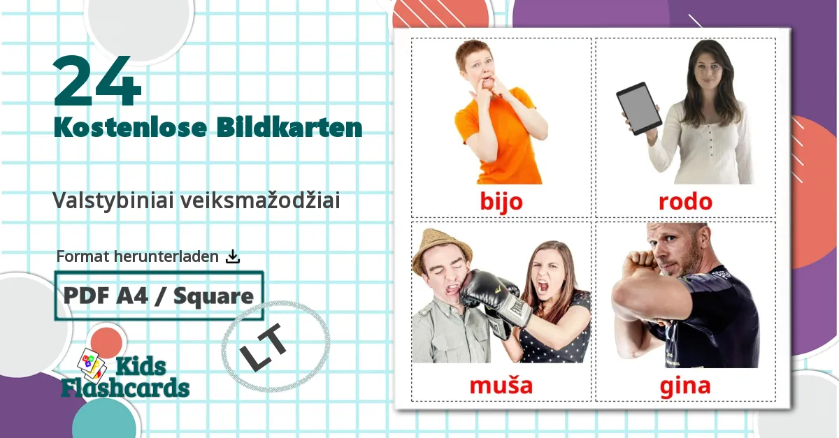 24 Bildkarten für Valstybiniai veiksmažodžiai