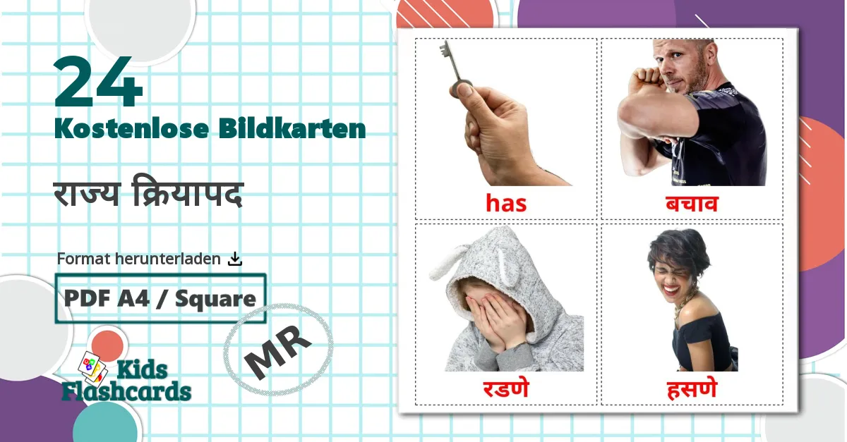 24 Bildkarten für राज्य क्रियापद