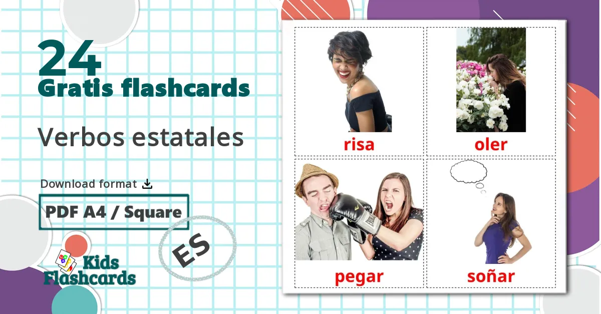 24 Verbos estatales billedkort for børn