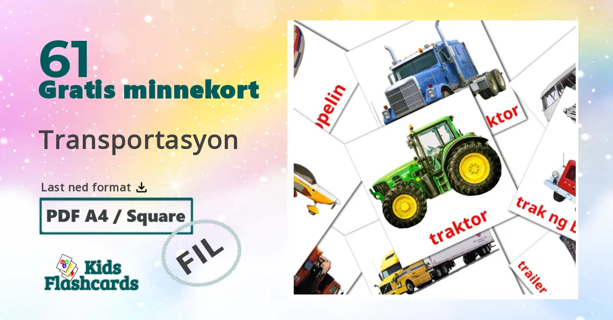 Transportasyon bildekort for barn på filipino