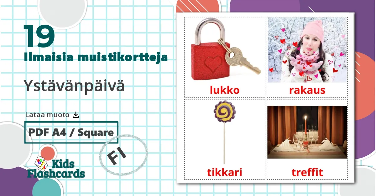 19 Ystävänpäivä lasten kuvakortit