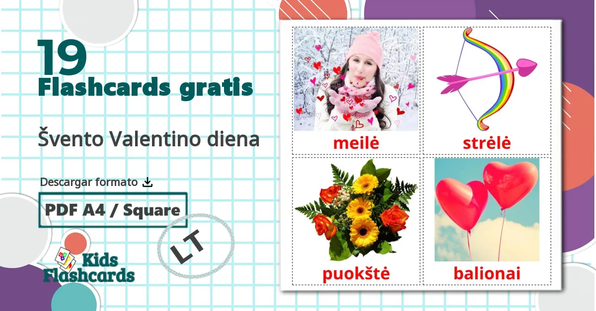 19 tarjetas didacticas de Švento Valentino diena