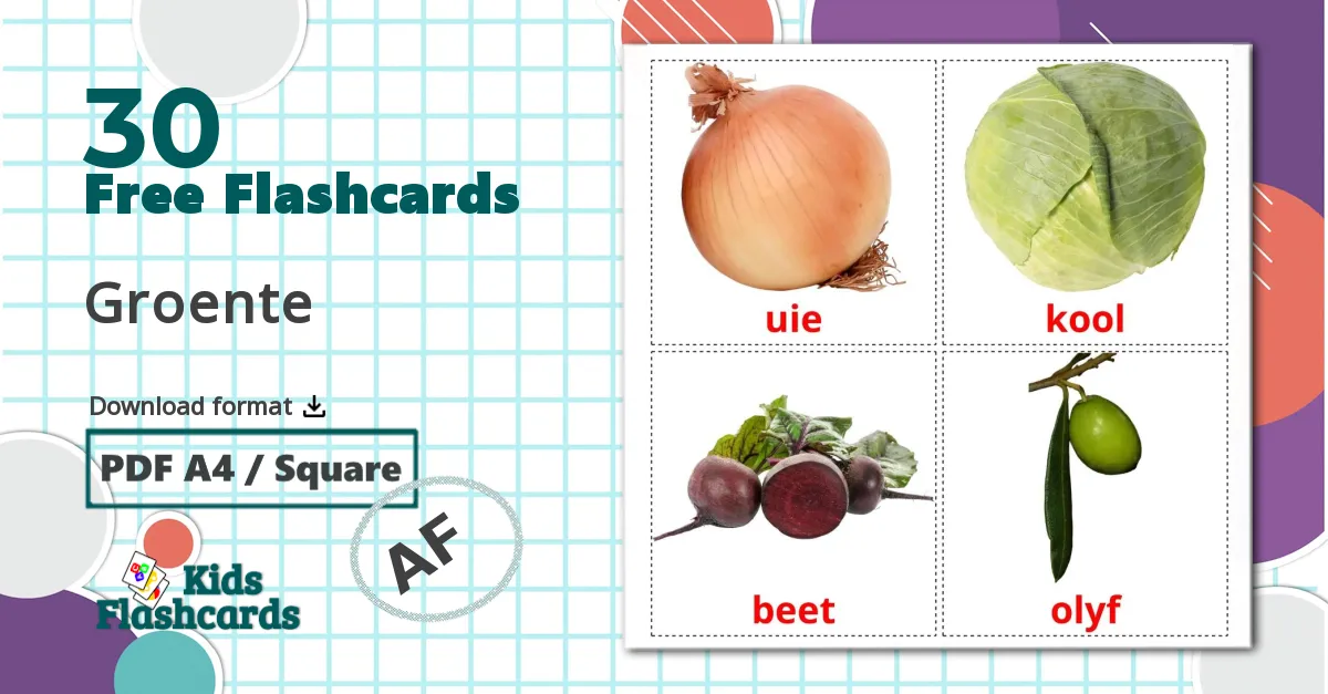 Vegetables - afrikaans vocabulary cards