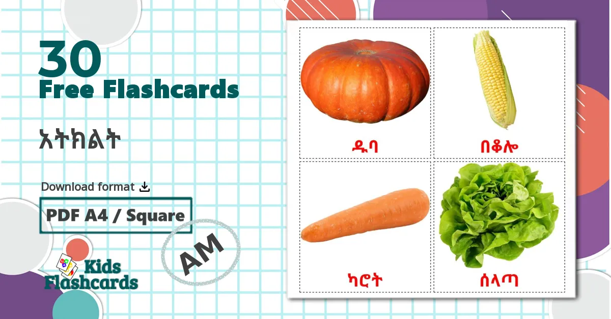 Vegetables - amharic vocabulary cards