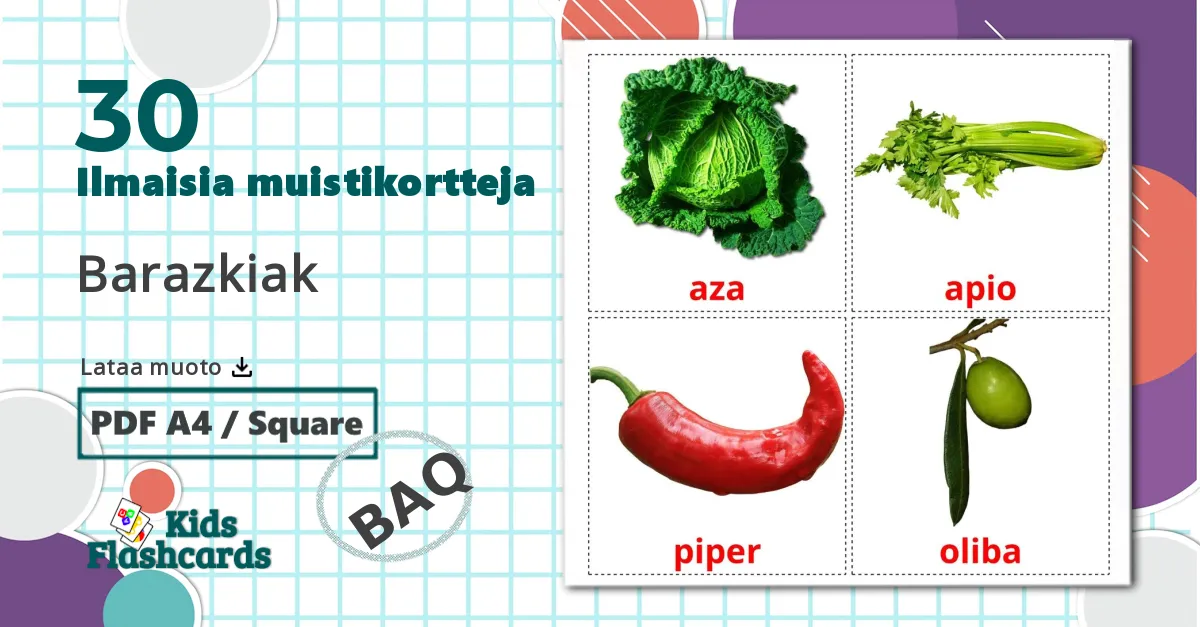30 Vihannekset lasten kuvakortit