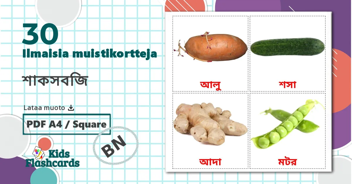 30 শাকসবজি lasten kuvakortit
