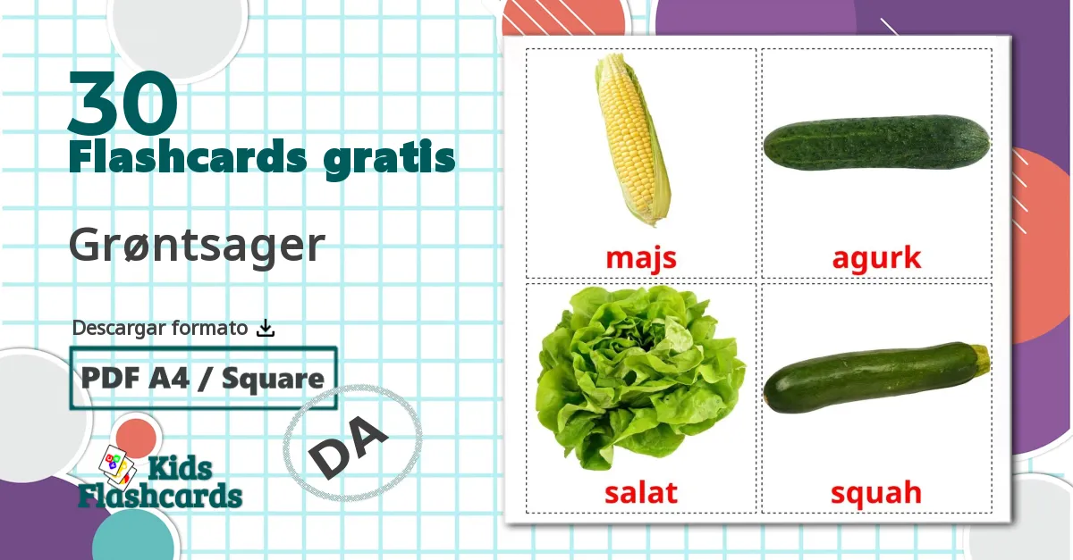 30 tarjetas didacticas de Grøntsager