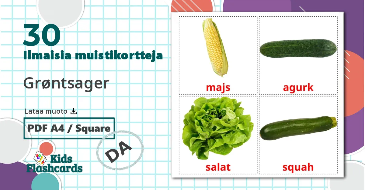 30 Grøntsager lasten kuvakortit