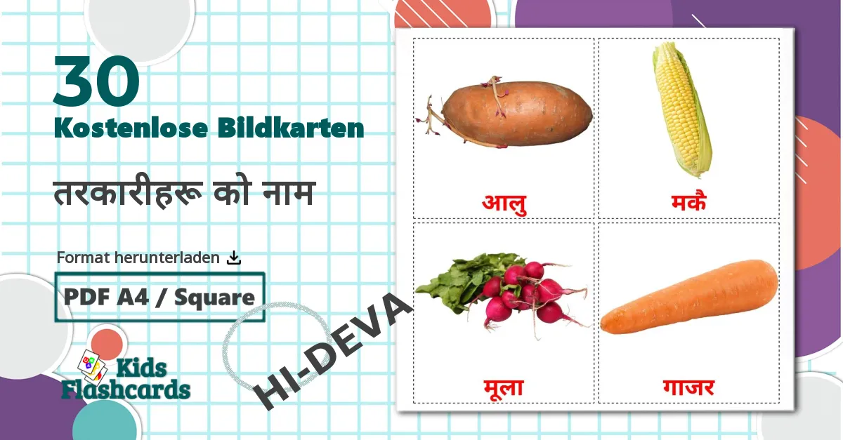 30 Bildkarten für तरकारीहरू को नाम