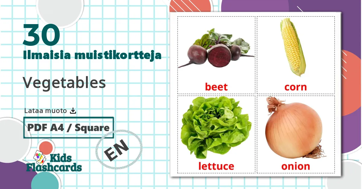 30 Vegetables lasten kuvakortit