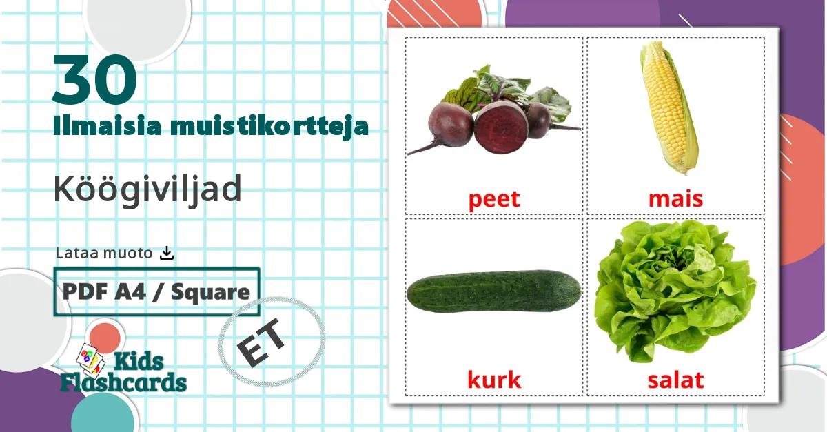 30 Köögiviljad lasten kuvakortit