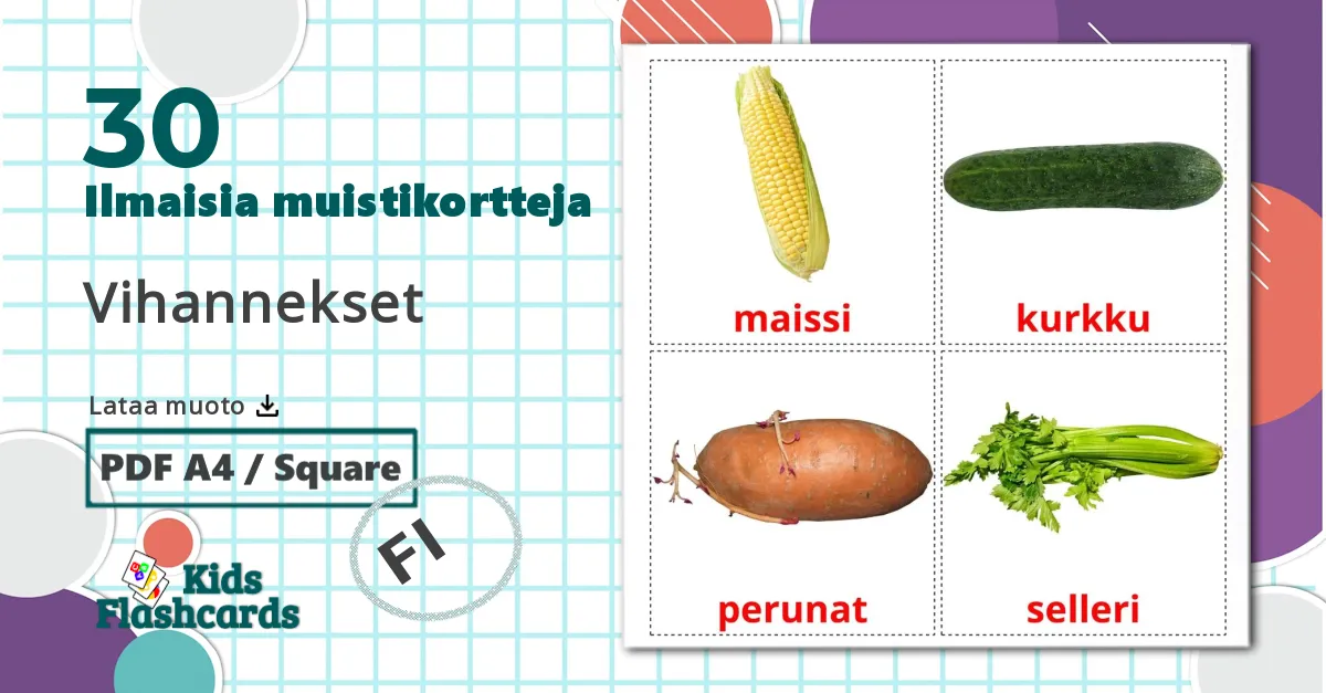 30 Vihannekset lasten kuvakortit