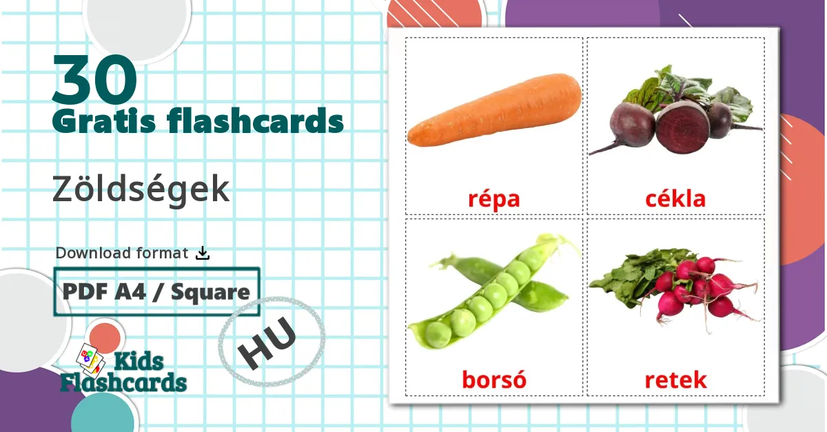 30 Zöldségek  billedkort for børn