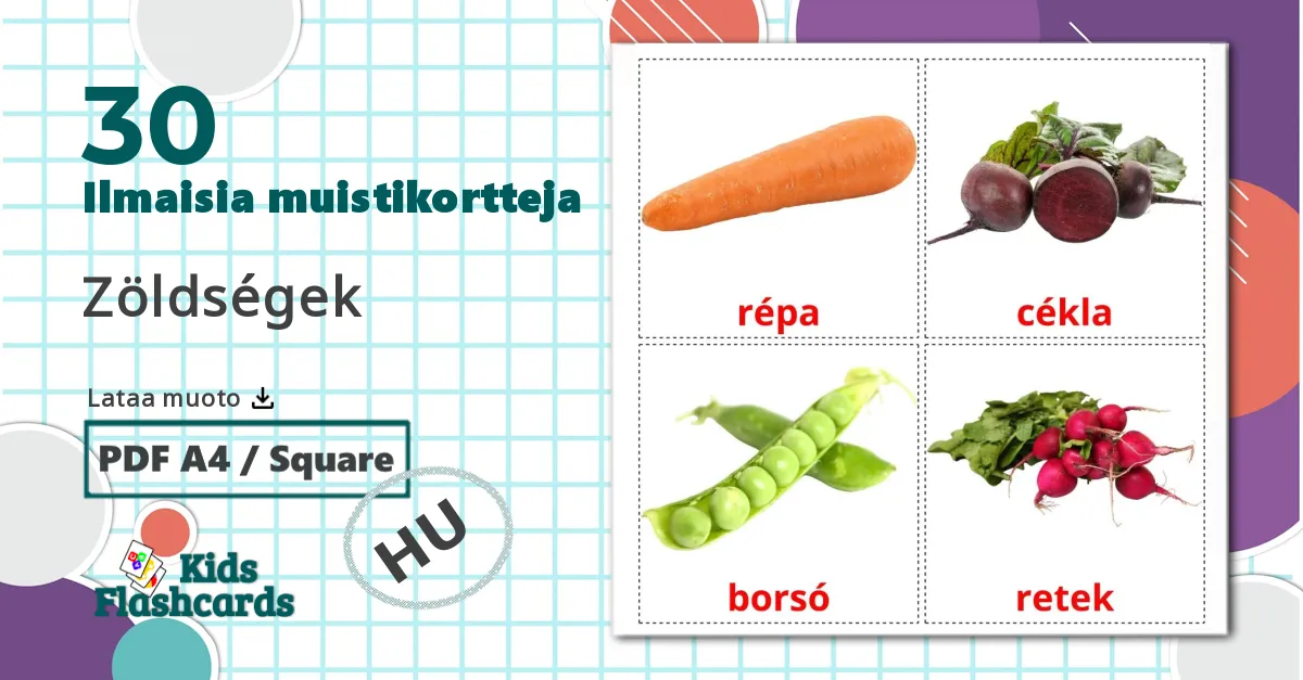 30 Zöldségek  lasten kuvakortit