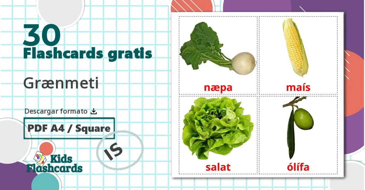 30 tarjetas didacticas de Grænmeti