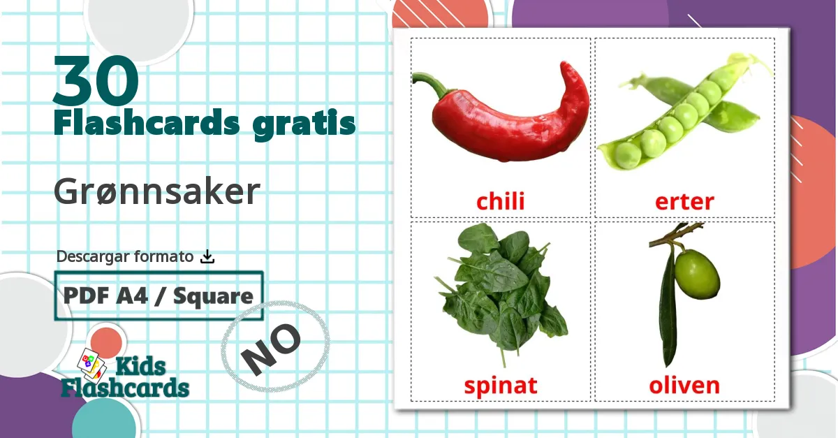 30 tarjetas didacticas de Grønnsaker