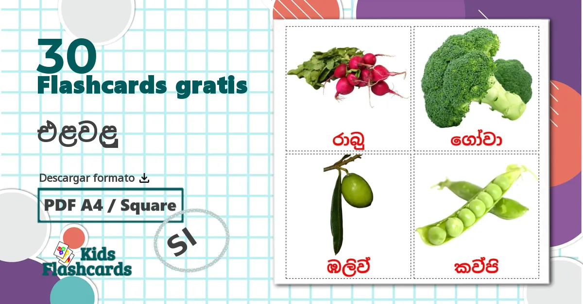 30 tarjetas didacticas de එළවළු