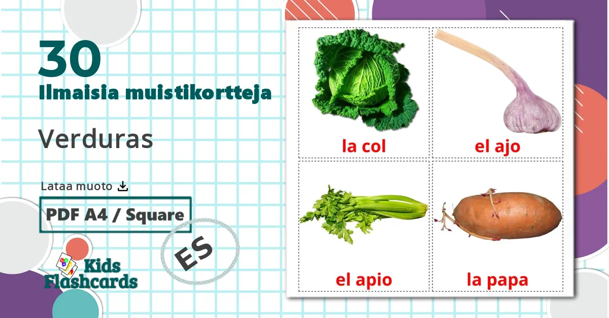 30 Verduras lasten kuvakortit