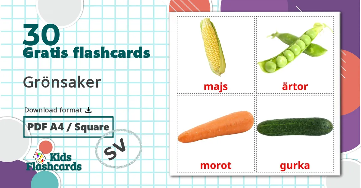 30 Grönsaker billedkort for børn