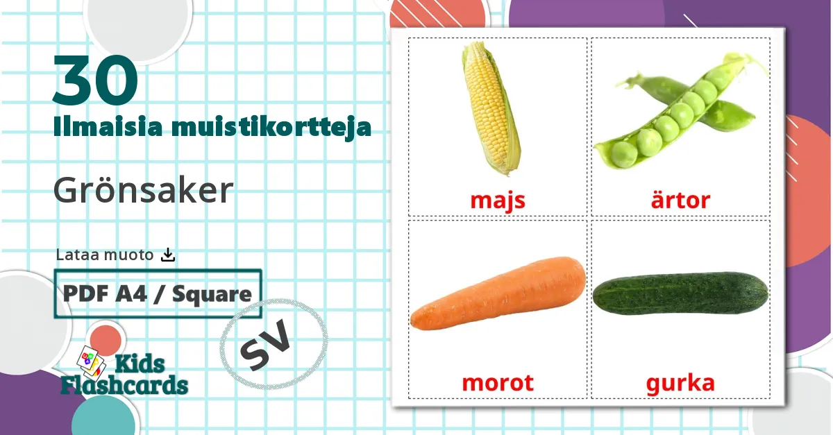 30 Grönsaker lasten kuvakortit