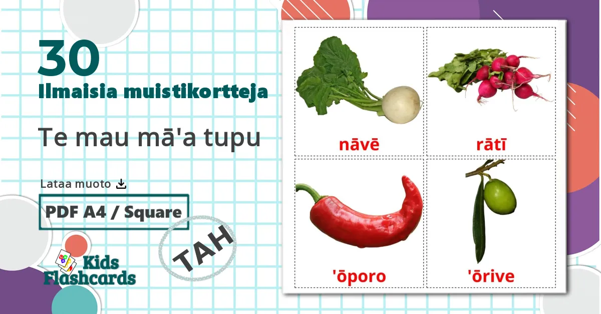 30 Te mau mā'a tupu lasten kuvakortit