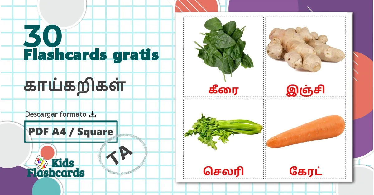 30 tarjetas didacticas de காய்கறிகள்