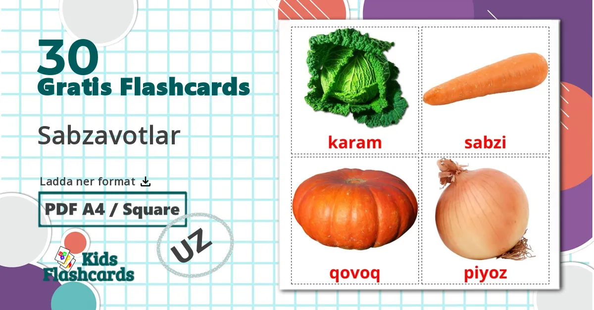 30 Sabzavotlar bildkort för barn