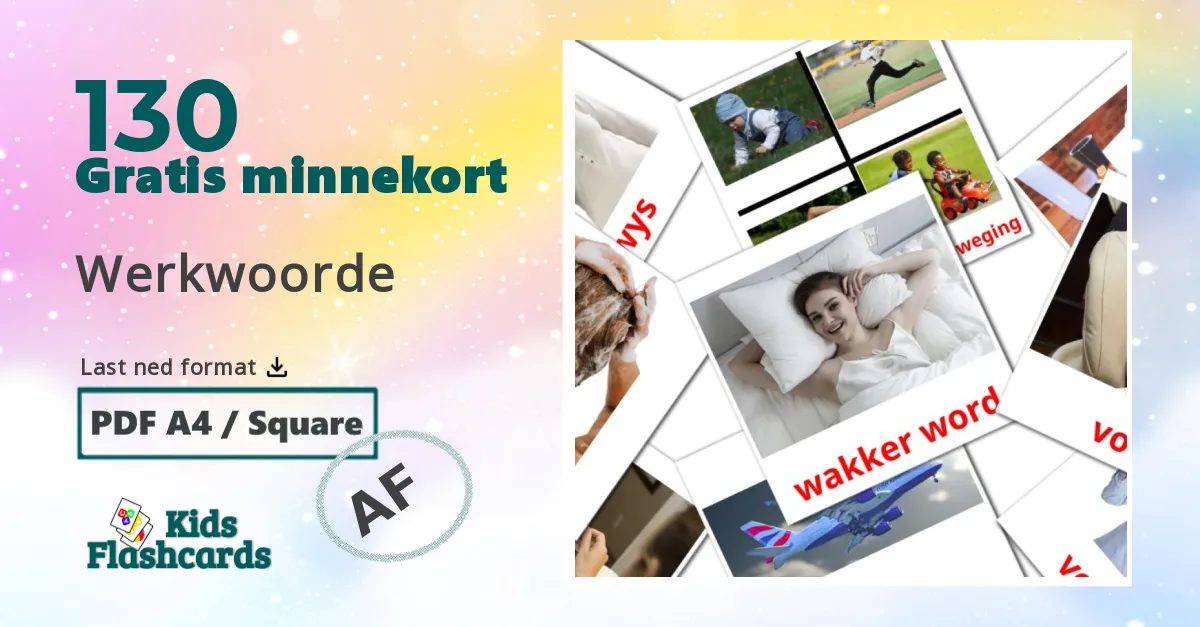 Werkwoorde bildekort for barn på afrikaans