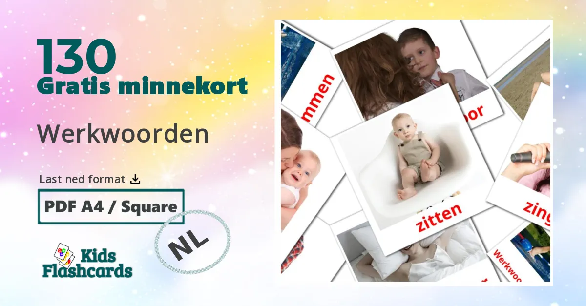 Werkwoorden bildekort for barn på nederlandsk