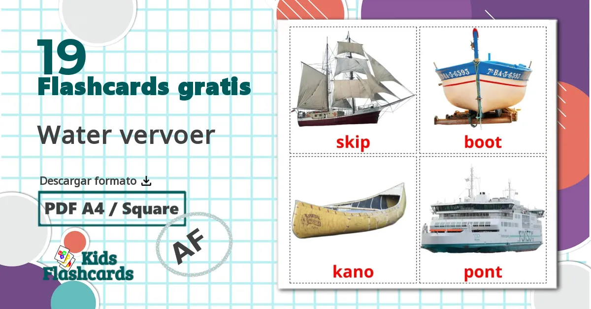 Transporte acuático - tarjetas de vocabulario en afrikáans