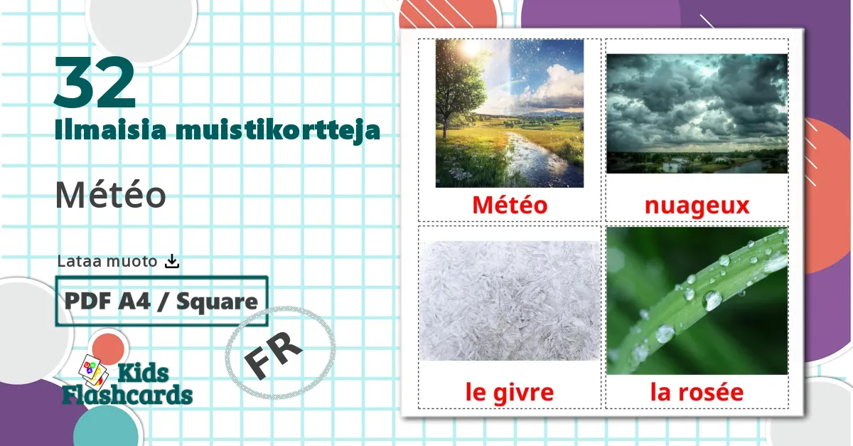 32 Météo lasten kuvakortit