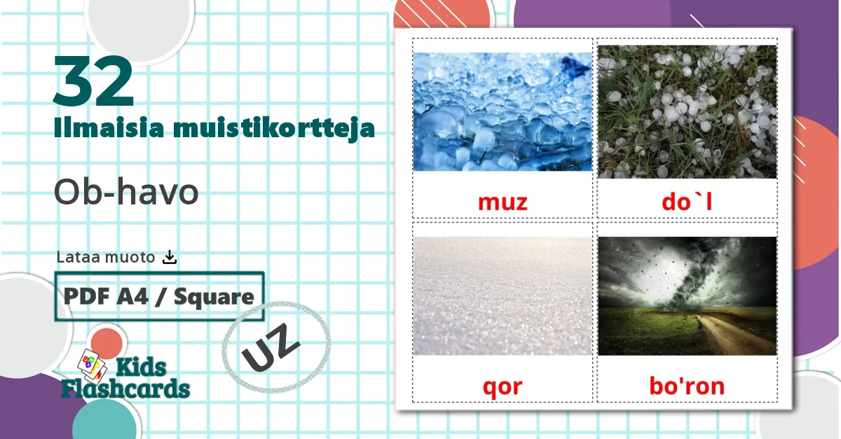 32 Ob-havo lasten kuvakortit