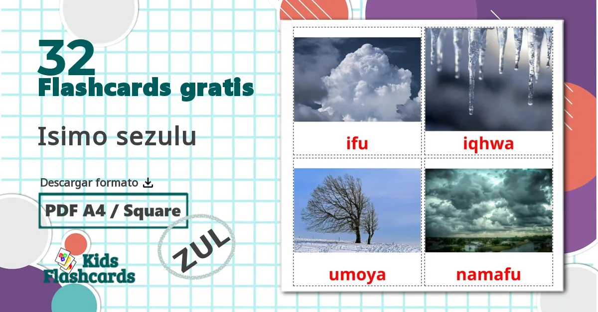 32 tarjetas didacticas de Isimo sezulu