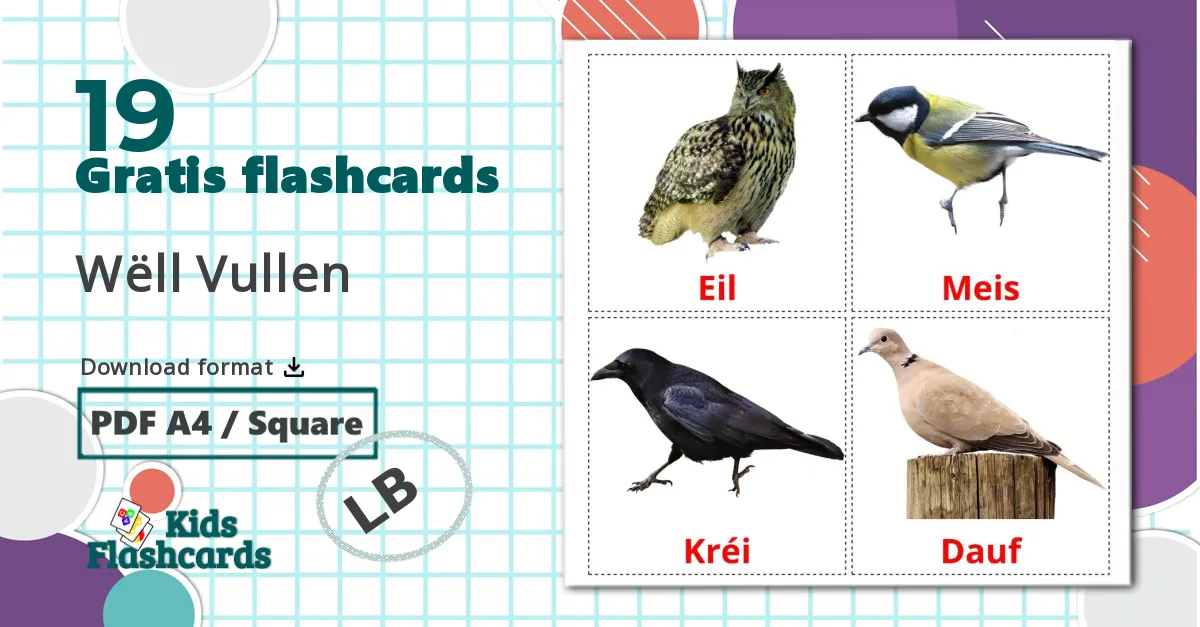 19 Wëll Vullen billedkort for børn