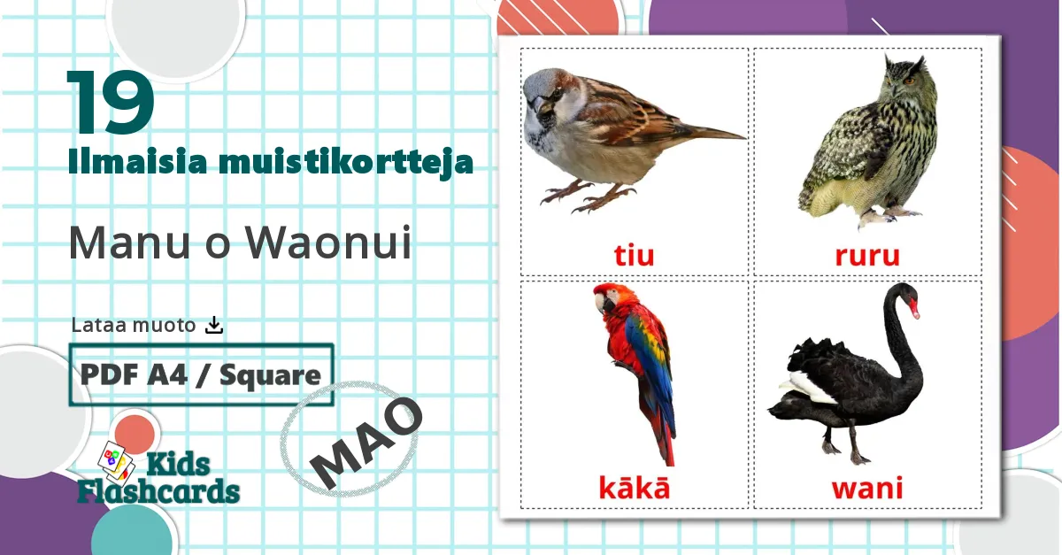 19 Manu o Waonui lasten kuvakortit